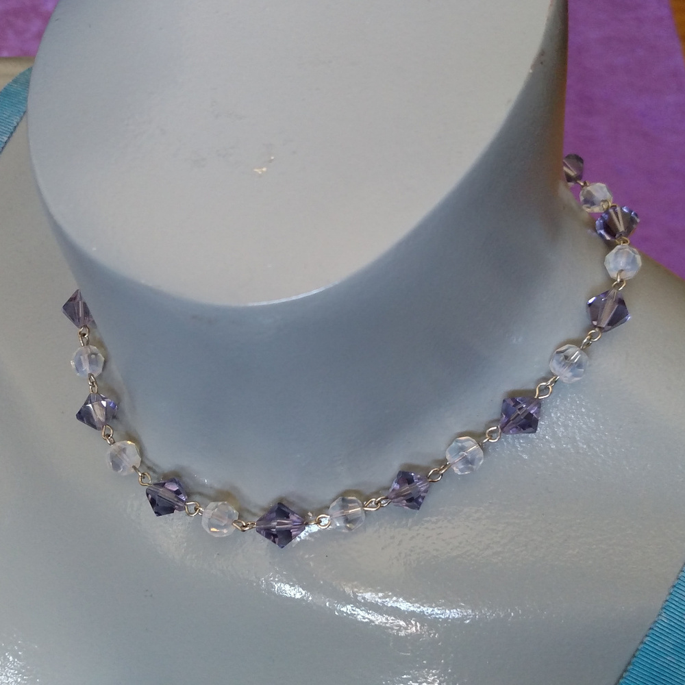 Vintage choker necklace givre glass purple opal